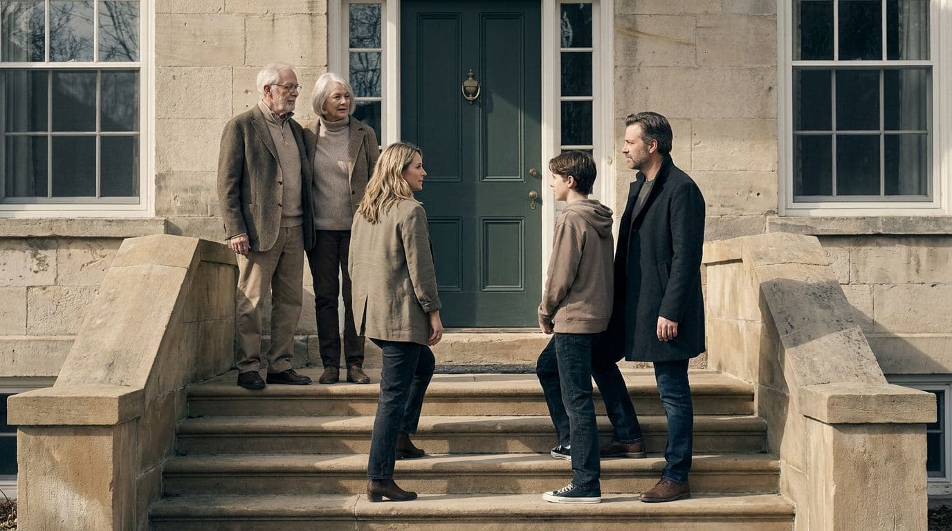 A multi-generational Canadian family standing on the stone steps of a restored heritage home in soft afternoon light