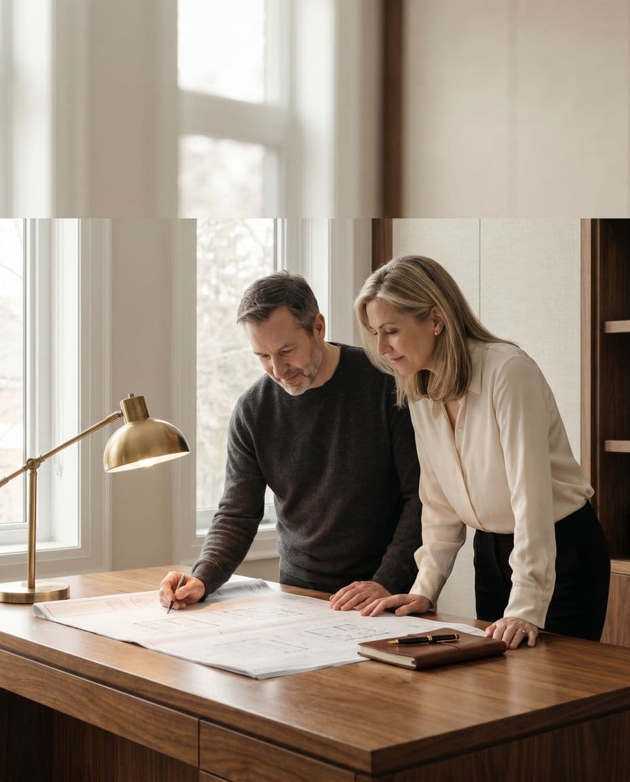 A couple in their fifties reviewing architectural drawings together at a polished walnut desk in a sunlit study