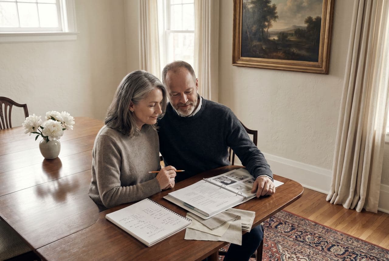 A couple in their late fifties seated together at a heritage dining table, reviewing pages from a wedding-planning binder