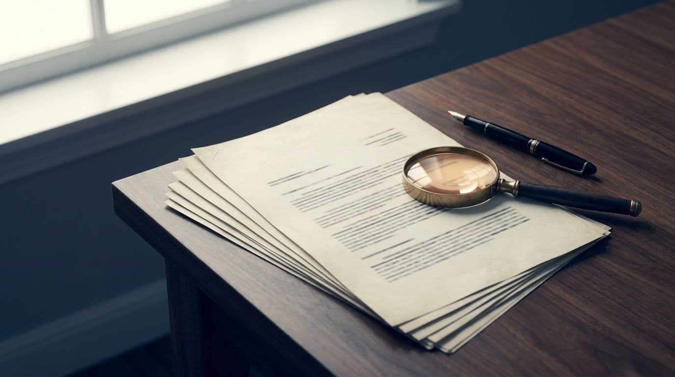 A multi-page financial document fanned out on a polished walnut desk with a magnifying glass and a fountain pen