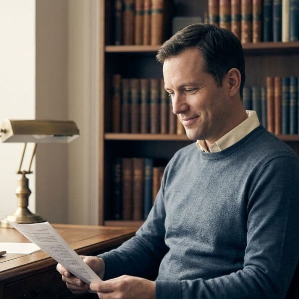 A portrait of J. Armstrong, an engineer in his early forties, in his home office